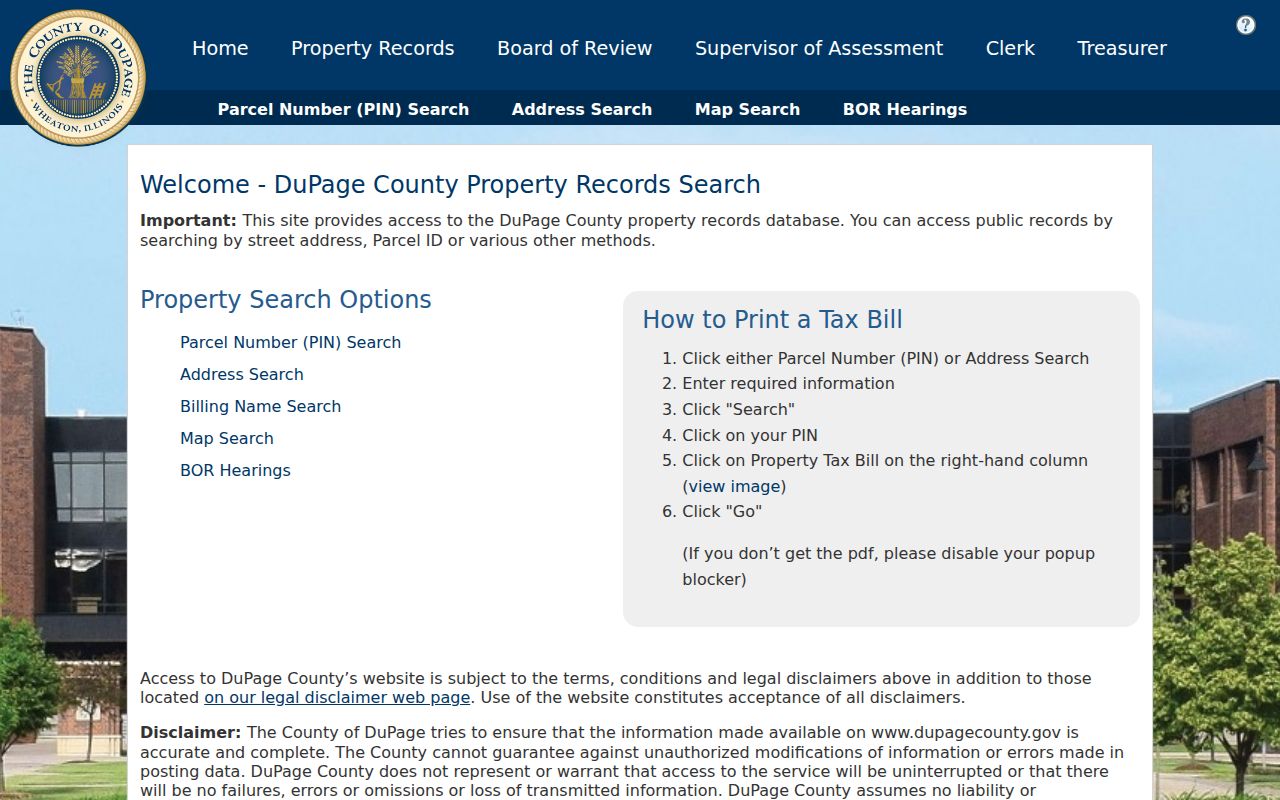 DuPage Property Lookup search choices used for West Chicago parcels