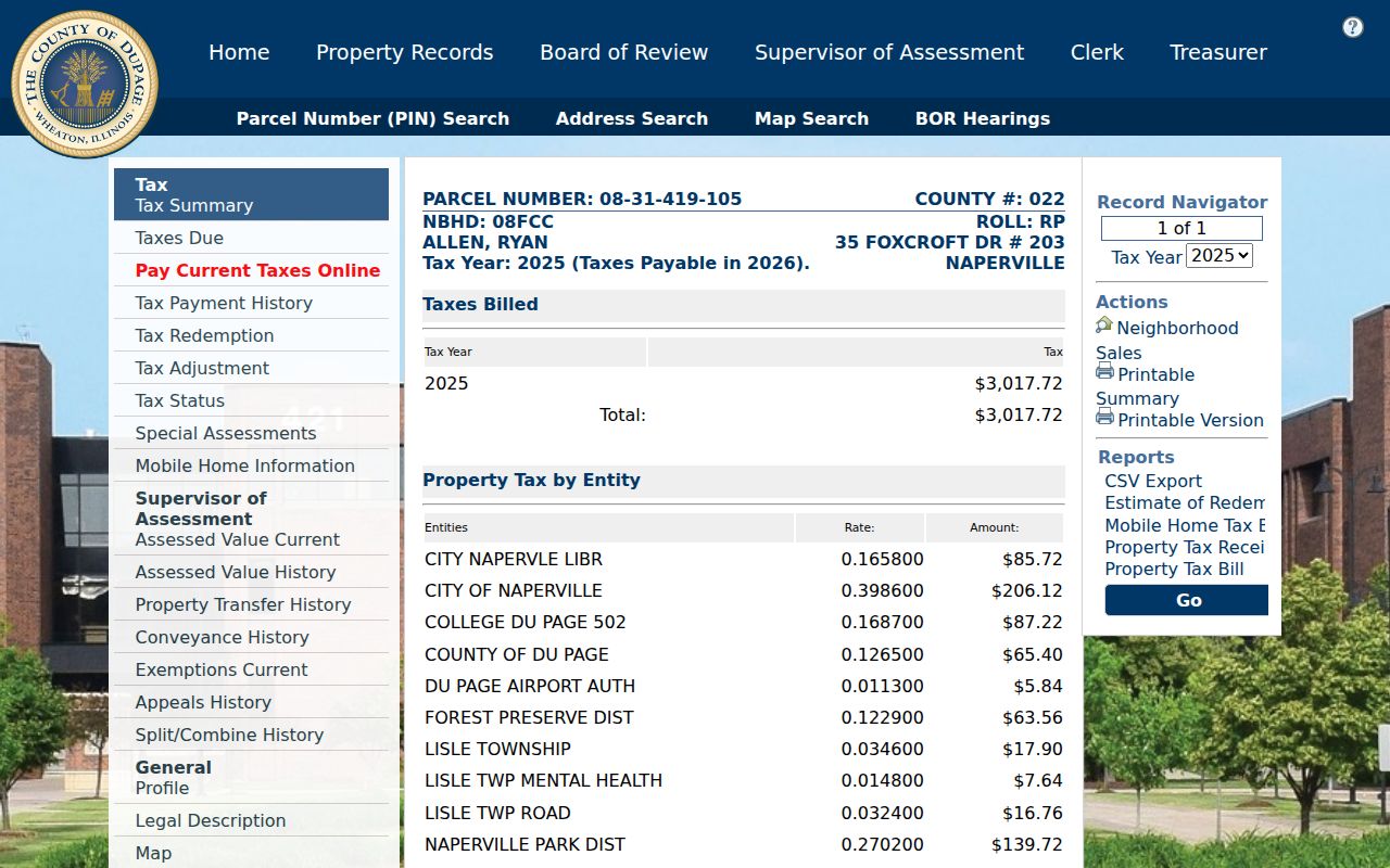 Sample DuPage parcel card with transfer history for a West Chicago records workflow