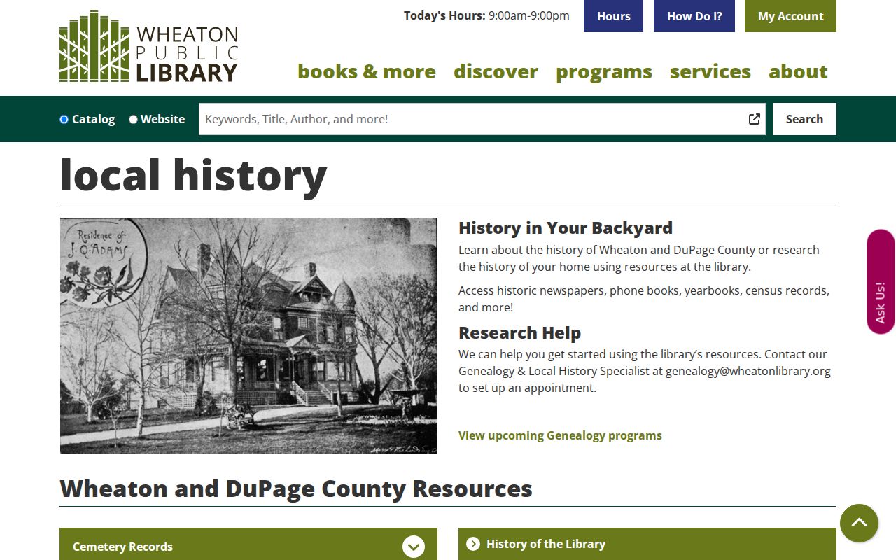Wheaton Public Library local and house history resources for tracing West Chicago previous residents
