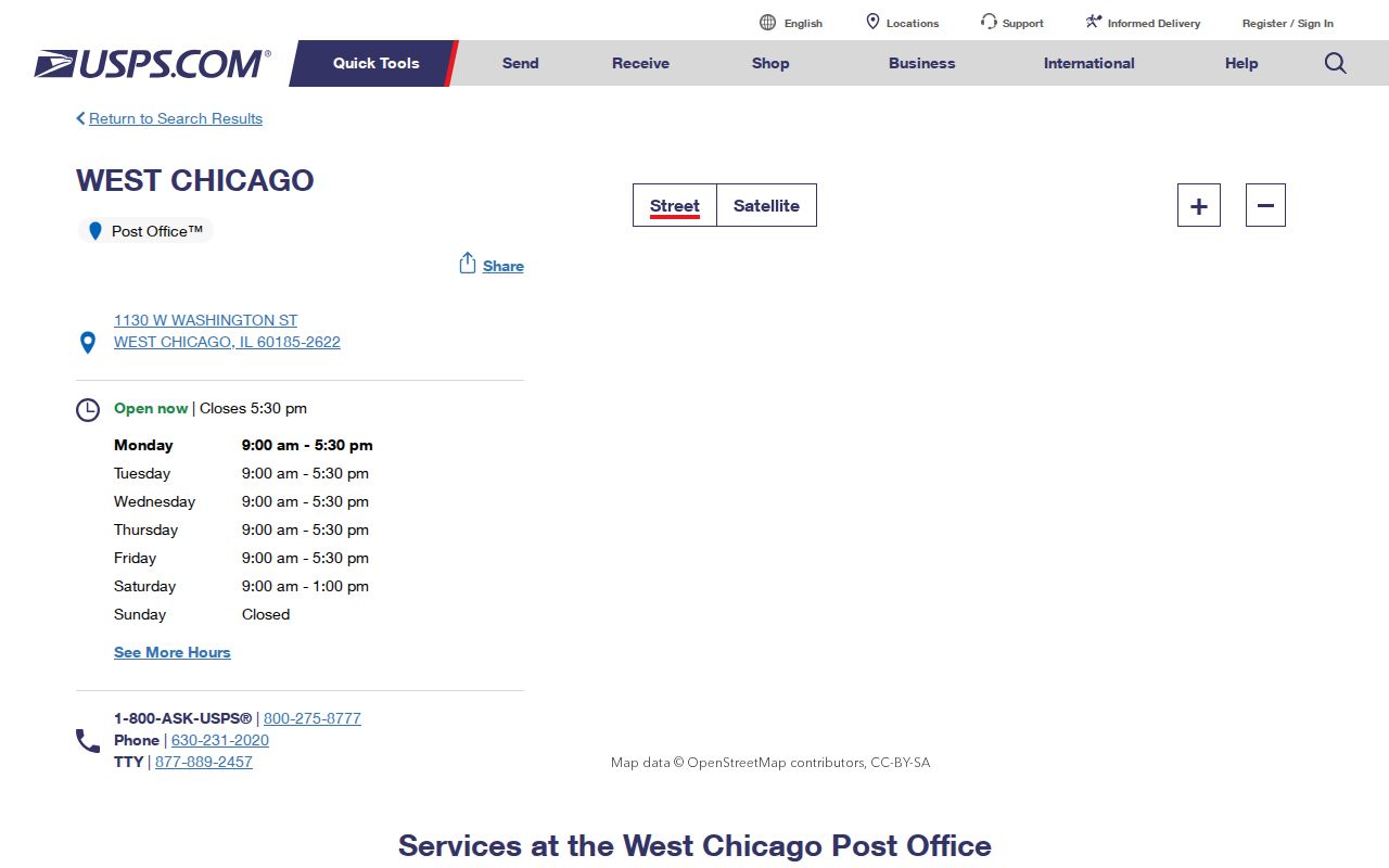 West Chicago ZIP code directory listing for the 60185 post office